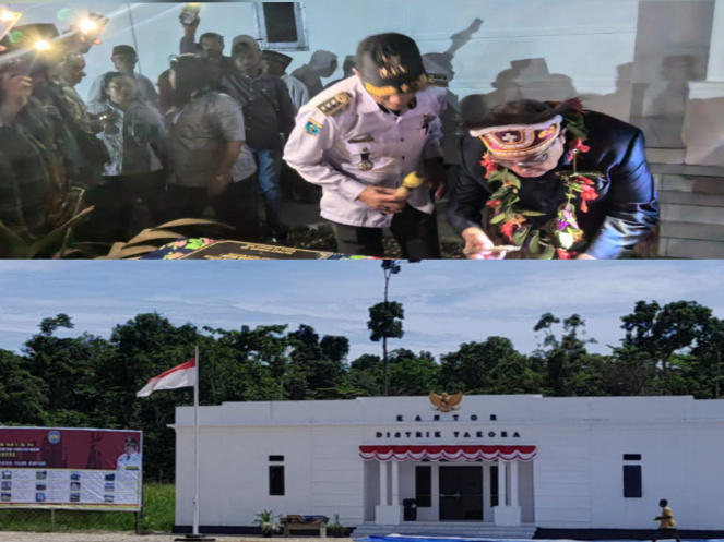 Bupati Teluk Bintuni, Matret Kokop (Atas Tunduk) dan Gedung Putih Kantor Distrik Yakora Yang Resmi Dibuka (Bawah)